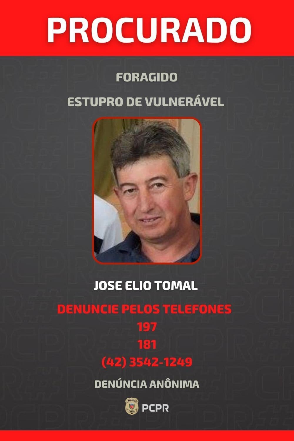 Foragido por estupro de vulnerável em Mallet tem foto divulgada pela PCPR