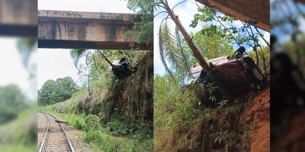 Acidente na área rural de Palmeira: carro com sete ocupantes cai de ponte