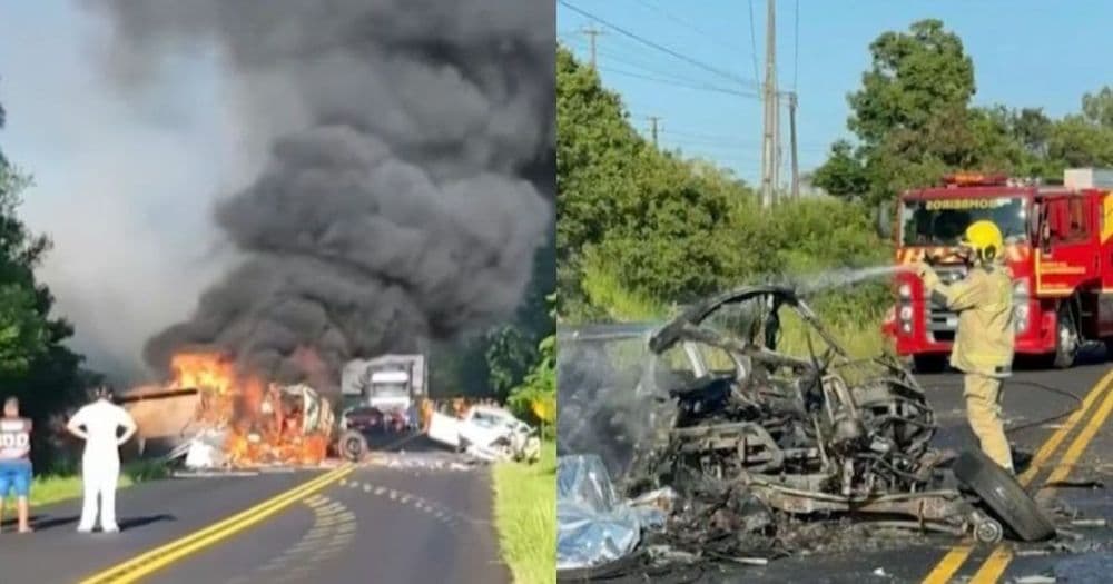 Caminhão pega fogo em acidente e motorista sobrevive ao cortar cinto com canivete