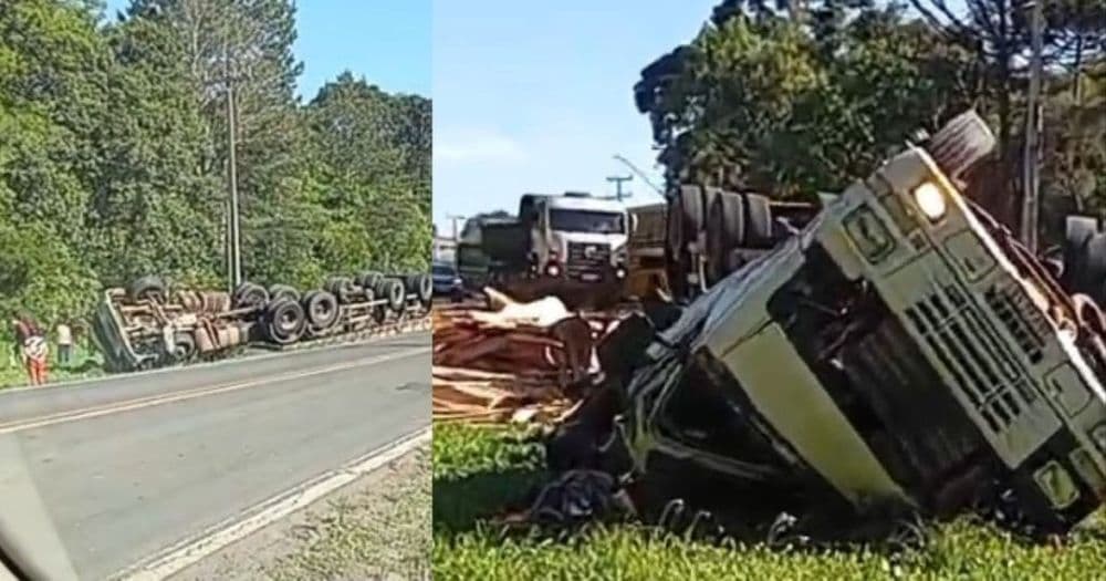 Caminhão tomba após sair da pista na BR-153 em Imbituva