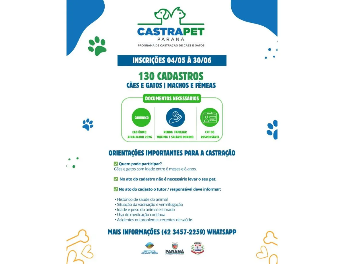 Castração gratuita para cães e gatos tem inscrições abertas em Rebouças